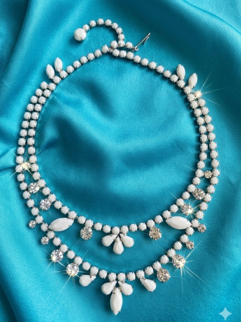 Vintage 1950s Signed WEISS Milk Glass
Rhinestone Bib Choker Necklace